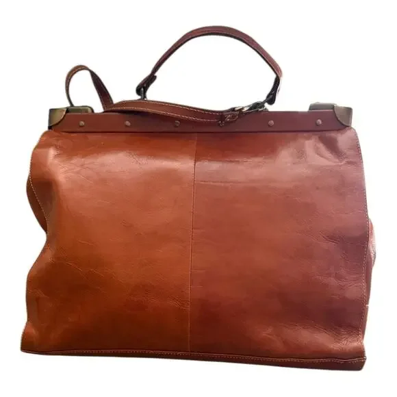 Vintage Brown Leather Satchel Tote Business Bag with Detachable Shoulder Strap - Picture 5 of 16